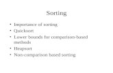 Sorting Importance of sorting Quicksort Lower bounds for comparison-based methods Heapsort Non-comparison based sorting
