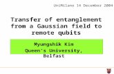 Transfer of entanglement from a Gaussian field to remote qubits Myungshik Kim Queen’s University, Belfast UniMilano 14 December 2004.
