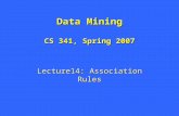 Data Mining CS 341, Spring 2007 Lecture14: Association Rules.