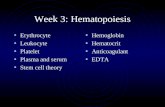 Week 3: Hematopoiesis Erythrocyte Leukocyte Platelet Plasma and serum Stem cell theory Hemoglobin Hematocrit Anticoagulant EDTA.