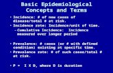 Basic Epidemiological Concepts and Terms Incidence: # of new cases of disease/total # at risk. Incidence rate: Incidence/unit of time. – Cumulative Incidence: