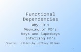 1 Functional Dependencies Why FD's Meaning of FD’s Keys and Superkeys Inferring FD’s Source: slides by Jeffrey Ullman.