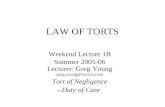 LAW OF TORTS Weekend Lecture 1B Summer 2005-06 Lecturer: Greg Young greg.young@lawyer.com Tort of Negligence - Duty of Care.