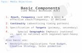 Basic Components (see Media Workbook #26) 1. Reach, Frequency (and GRPs & GIs) & effective reach/frequency, if desired 2. Continuity (advertising timing.