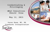 Credentialing & Privileging What Executives Should Know May 12, 2015 Karen Beem, MS, RN Standards Interpretation.