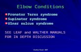 Elbow Conditions Pronator Teres syndrome Supinator syndrome Ulnar sulcus syndrome SEE LEAF and WALTHER MANUALS FOR IN DEPTH DISCUSSION ©Zatkin/Stark 2007.