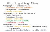 Highlighting Time Paragraph 1: Introduction -Attention Getter (ORANGE) -Background Information -Thesis (YELLOW) Paragraph 2-4: Body Paragraphs -Topic Sentence.