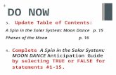 + DO NOW 3. Update Table of Contents: A Spin in the Solar System: Moon Dance p. 15 Phases of the Moon p. 16 4. Complete A Spin in the Solar System: MOON.