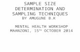 SAMPLE SIZE DETERMINATION AND SAMPLING TECHNIQUES BY AMUGUNE B.K MENTAL HEALTH WORKSHOP MAANZONI, 15 TH OCTOBER 2014.