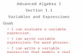 Advanced Algebra 1 Section 1.1 Variables and Expressions Goals I can evaluate a variable expression. I can write variable expressions for word phrases.