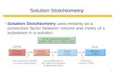 1 Solution Stoichiometry Solution Stoichiometry uses molarity as a conversion factor between volume and moles of a substance in a solution.