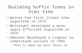 Building Suffix Trees in O(m) time Weiner had first linear time algorithm in 1973 McCreight developed a more space efficient algorithm in 1976 Ukkonen.