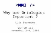 Why are Ontologies Important ? Luis Bermudez QARTOD III November 2-4, 2005.