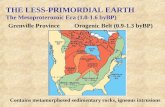 THE LESS-PRIMORDIAL EARTH The Mesoproterozoic Era (1.0-1.6 byBP) Grenville ProvinceOrogenic Belt (0.9-1.3 byBP) Contains metamorphosed sedimentary rocks,