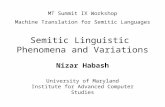 Semitic Linguistic Phenomena and Variations Nizar Habash University of Maryland Institute for Advanced Computer Studies MT Summit IX Workshop Machine Translation.