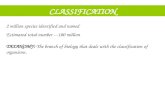 CLASSIFICATION 2 million species identified and named Estimated total number ---100 million TAXANOMY: The branch of biology that deals with the classification.