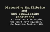 Disturbing Equilibrium and Non-equilibrium conditions Le Châtelier’s Principle, the van’t Hoff equation, the Reaction Quotient (Q)