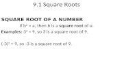 9.1 Square Roots SQUARE ROOT OF A NUMBER If b 2 = a, then b is a square root of a. Examples: 3 2 = 9, so 3 is a square root of 9. (-3) 2 = 9, so -3 is.