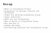 Recap What is Evaluation Essay? Evaluation or Review; Similar yet Different Steps for writing Evaluation Essay Topic Selection What are you Evaluating.