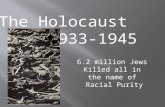 The Holocaust 1933-1945 6.2 million Jews Killed all in the name of Racial Purity.