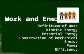 Work and Energy Definition of Work Kinetic Energy Potential Energy Conservation of Mechanical Energy Power Efficiency.