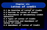 Chapter six Letter of credit 6.1 An Overview of Letter of Credit 6.2 Parties to Letter of Credit 6.3 Procedures of documentary credit operation 6.4 Types.