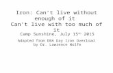 Iron: Can’t live without enough of it Can’t live with too much of it Camp Sunshine, July 15 th 2015 Adapted from DBA Day Iron Overload by Dr. Lawrence.