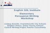 English SOL Institute Elementary Persuasive Writing Workshop Lindsay Kamide, Charlottesville City Schools Stephen Peters, Green County Schools Central.