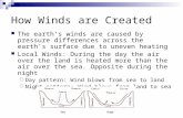 How Winds are Created The earth’s winds are caused by pressure differences across the earth’s surface due to uneven heating Local Winds: During the day.