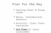 Plan for the Day  Seating Chart & Group Cards  Notes: Introduction Genetics  Activity: Class Trait Variation  Exit Ticket: In class assessment  Homework.