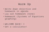 Warm Up Write down objective and homework in agenda Lay out homework (none) Homework (Systems of Equations graphing) WELCOME BACK! Get a calculator!
