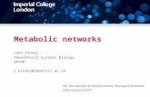 Metabolic networks John Pinney Theoretical Systems Biology group j.pinney@imperial.ac.uk 341 Introduction to Bioinformatics: Biological Networks 25th February.