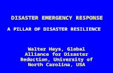 DISASTER EMERGENCY RESPONSE A PILLAR OF DISASTER RESILIENCE Walter Hays, Global Alliance for Disaster Reduction, University of North Carolina, USA.