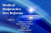 Medical Malpractice Tort Reforms Group A: Mirna P Amaya Louis Daniel Velasco Gail Young Jingbo Yu William Walders.