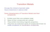 Transition Metals Occupy the d-block of periodic table Have d-electrons in valence shell Some characteristics of Transition Metals and their compounds.