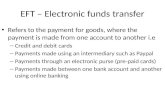 EFT – Electronic funds transfer Refers to the payment for goods, where the payment is made from one account to another i.e – Credit and debit cards – Payments.