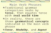 Main Verb Phrases Traditional grammar categorizes verbs by tense, then equates tense with real world time In reality, there are three grammatical concepts.
