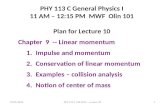 10/01/2013PHY 113 C Fall 2013 -- Lecture 101 PHY 113 C General Physics I 11 AM – 12:15 PM MWF Olin 101 Plan for Lecture 10 Chapter 9 -- Linear momentum.