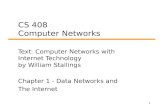 1 CS 408 Computer Networks Text: Computer Networks with Internet Technology by William Stallings Chapter 1 - Data Networks and The Internet.