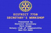 DISTRICT 7750 SECRETARY’S WORKSHOP Presented by District Secretary Dave Knapp Rotary Club of Simpsonville 864/757-9652.