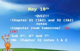 May 10 th QUIZ!! Chapter 31 (1&2) and 32 (1&2) notes Computer room tomorrow! Rm 3201 Sub 5 th, 6 th and 7 th HW- Chapter 32 notes 1 & 2.
