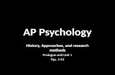 AP Psychology History, Approaches, and research methods Prologue and Unit 1 Pgs. 1-53.