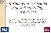 5 Things You Should Know Regarding Insurance By Kathy Meagher, ARM, CPCU Manuel Hamme, ARM, ARM-P, CPCU, MBA 1.