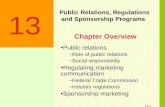 13-1 Public Relations, Regulations and Sponsorship Programs 13 Public relations –Role of public relations –Social responsibility Regulating marketing communication.