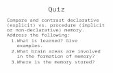 Quiz Compare and contrast declarative (explicit) vs. procedure (implicit or non-declarative) memory. Address the following: 1.What is learned? Give examples.