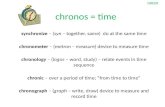 Chronos = time synchronize – (syn – together, same) do at the same time chronometer – (metron – measure) device to measure time chronology – (logos – word,