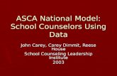 ASCA National Model: School Counselors Using Data John Carey, Carey Dimmit, Reese House School Counseling Leadership Institute 2003.