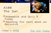 Today’s APODAPOD  Homework and Quiz 9 Today  Reading for next week on Oncourse The Sun Today A100 The Sun.