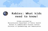 Rabies: What kids need to know! Slides provided by: Massachusetts Department of Public Health Bureau of Communicable Disease Control Division of Epidemiology.
