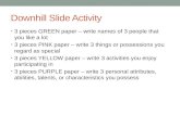 Downhill Slide Activity 3 pieces GREEN paper – write names of 3 people that you like a lot 3 pieces PINK paper – write 3 things or possessions you regard.